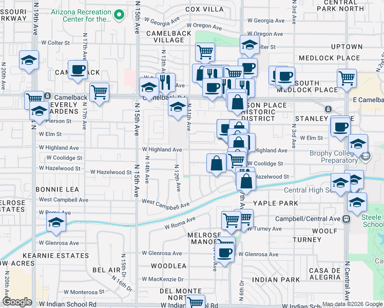 map of restaurants, bars, coffee shops, grocery stores, and more near 931 West Highland Avenue in Phoenix