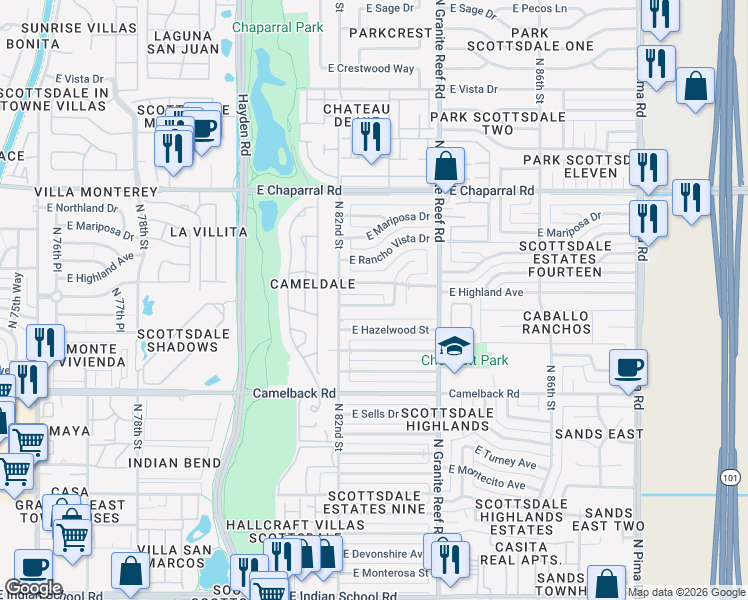 map of restaurants, bars, coffee shops, grocery stores, and more near 8232 East Coolidge Street in Scottsdale