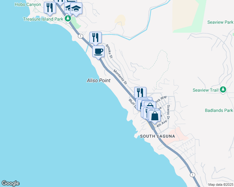 map of restaurants, bars, coffee shops, grocery stores, and more near in Laguna Beach