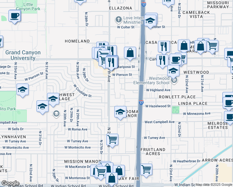 map of restaurants, bars, coffee shops, grocery stores, and more near 4645 North 26th Lane in Phoenix