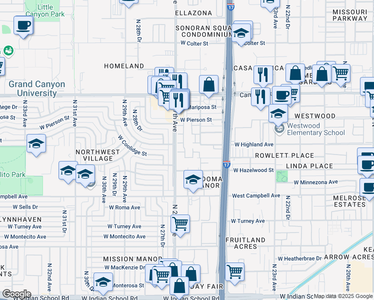 map of restaurants, bars, coffee shops, grocery stores, and more near 4645 North 26th Lane in Phoenix