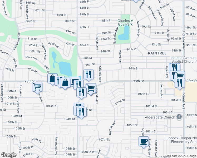map of restaurants, bars, coffee shops, grocery stores, and more near 9713 Orlando Avenue in Lubbock