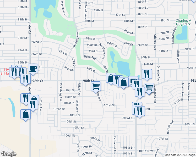 map of restaurants, bars, coffee shops, grocery stores, and more near 4510 98th Street in Lubbock
