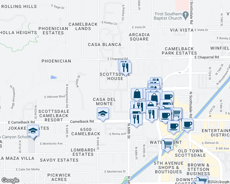 map of restaurants, bars, coffee shops, grocery stores, and more near 4630 North 68th Street in Scottsdale