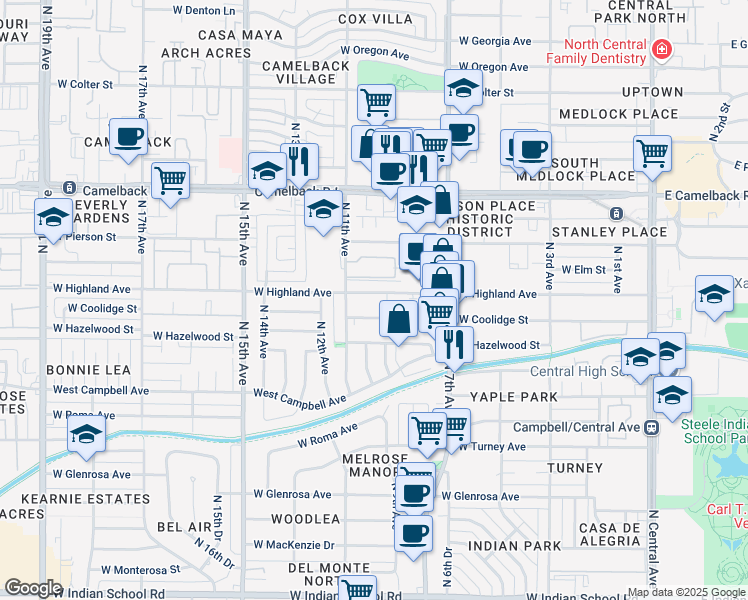 map of restaurants, bars, coffee shops, grocery stores, and more near 927 West Highland Avenue in Phoenix