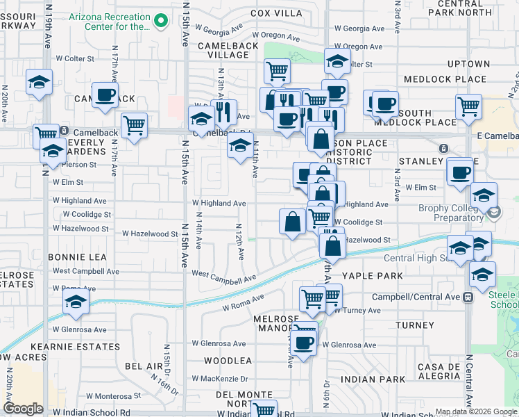 map of restaurants, bars, coffee shops, grocery stores, and more near 931 West Highland Avenue in Phoenix