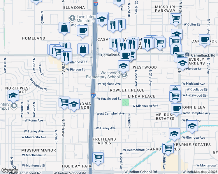 map of restaurants, bars, coffee shops, grocery stores, and more near 2326 West Coolidge Street in Phoenix