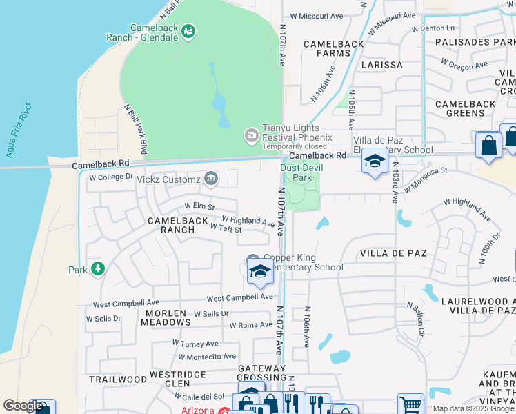 map of restaurants, bars, coffee shops, grocery stores, and more near 10770 West Highland Avenue in Phoenix