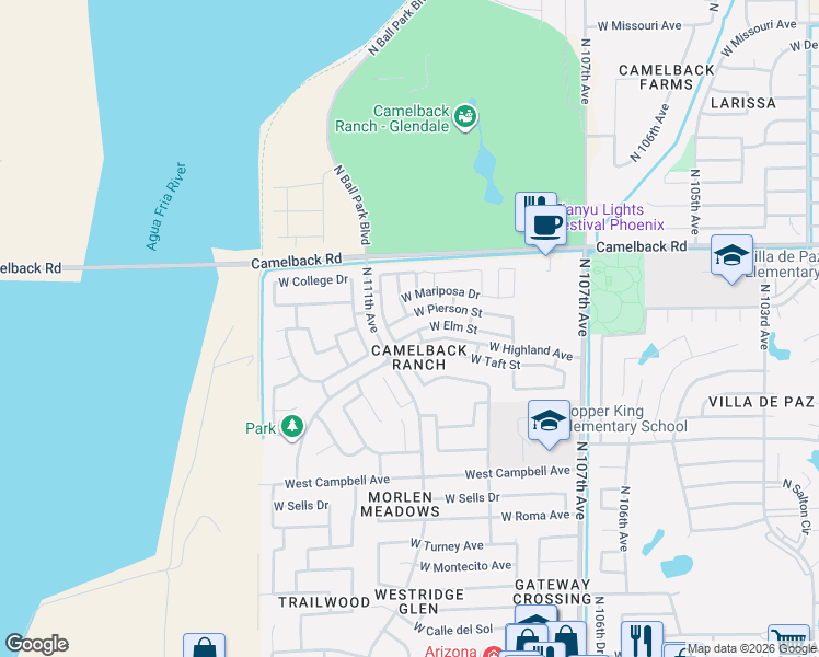 map of restaurants, bars, coffee shops, grocery stores, and more near 11031 West Pierson Street in Phoenix