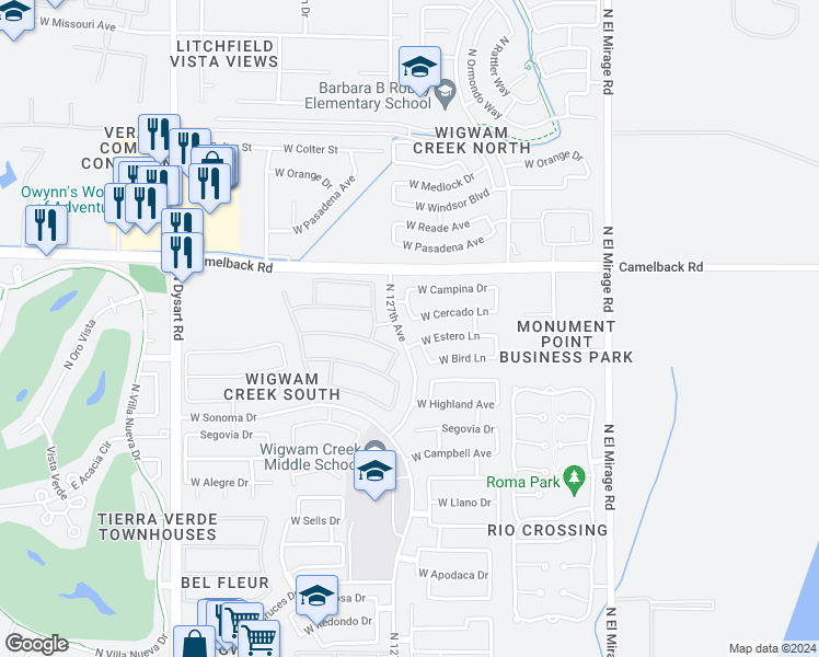 map of restaurants, bars, coffee shops, grocery stores, and more near 4818 North 126th Drive in Litchfield Park
