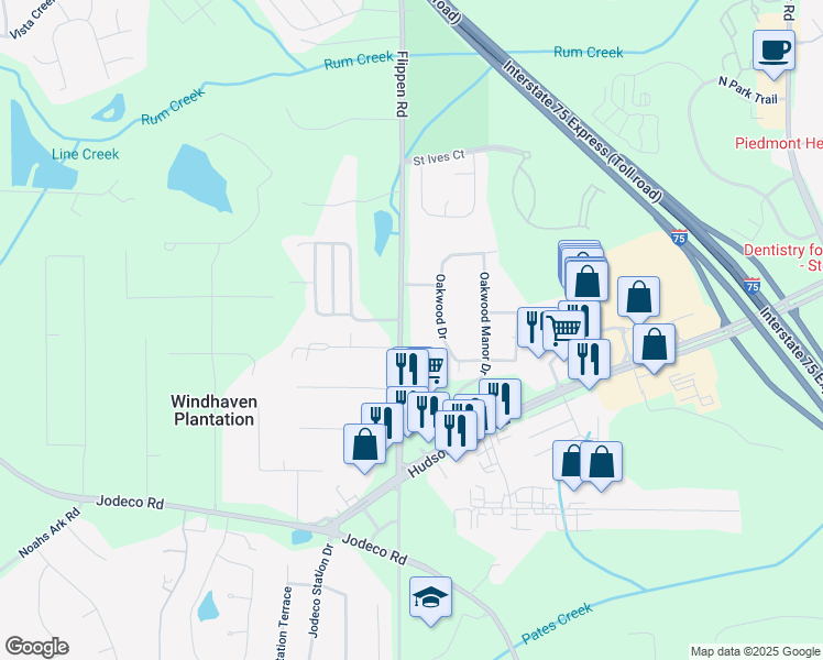 map of restaurants, bars, coffee shops, grocery stores, and more near 1581 Flippen Road in Stockbridge