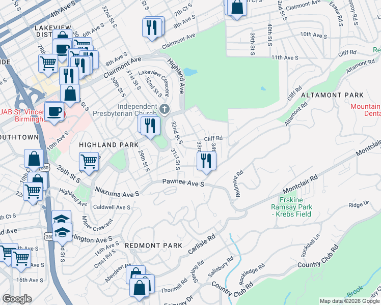 map of restaurants, bars, coffee shops, grocery stores, and more near 1324 32nd Street South in Birmingham