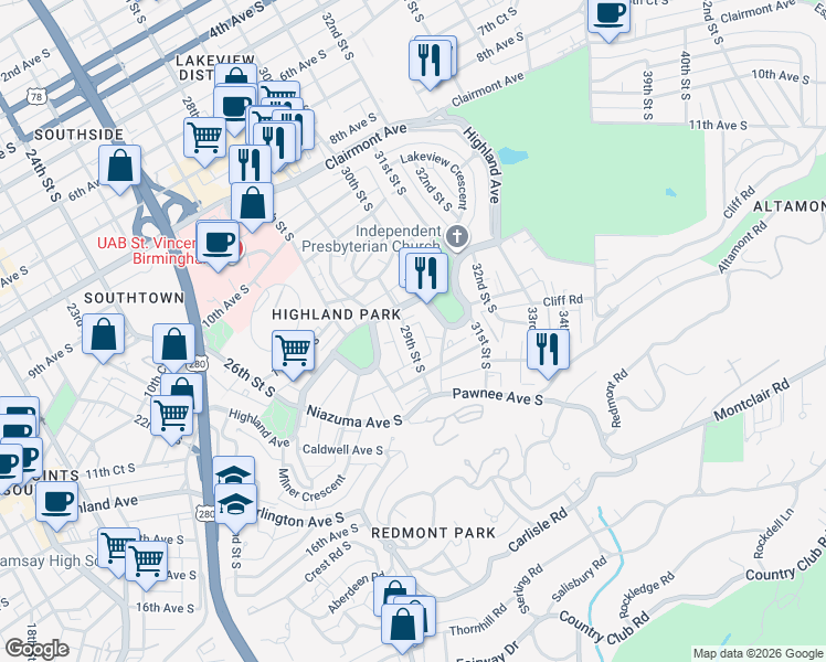 map of restaurants, bars, coffee shops, grocery stores, and more near 1223 29th Street South in Birmingham