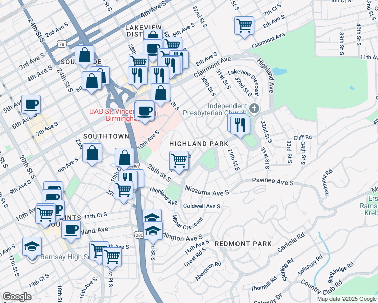 map of restaurants, bars, coffee shops, grocery stores, and more near 2711 Hanover Circle in Birmingham