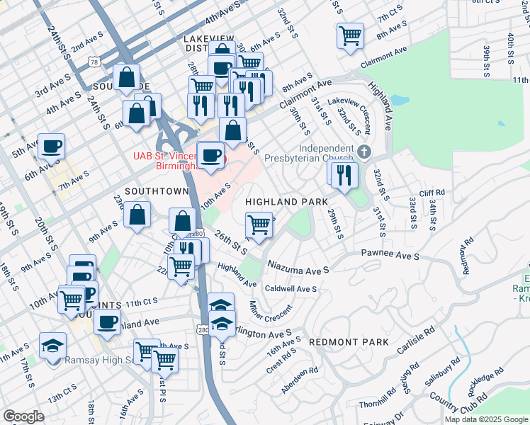 map of restaurants, bars, coffee shops, grocery stores, and more near 2711 Hanover Circle in Birmingham