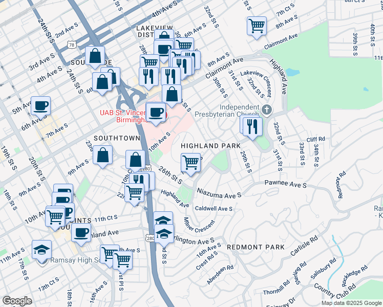 map of restaurants, bars, coffee shops, grocery stores, and more near 2711 Hanover Circle in Birmingham
