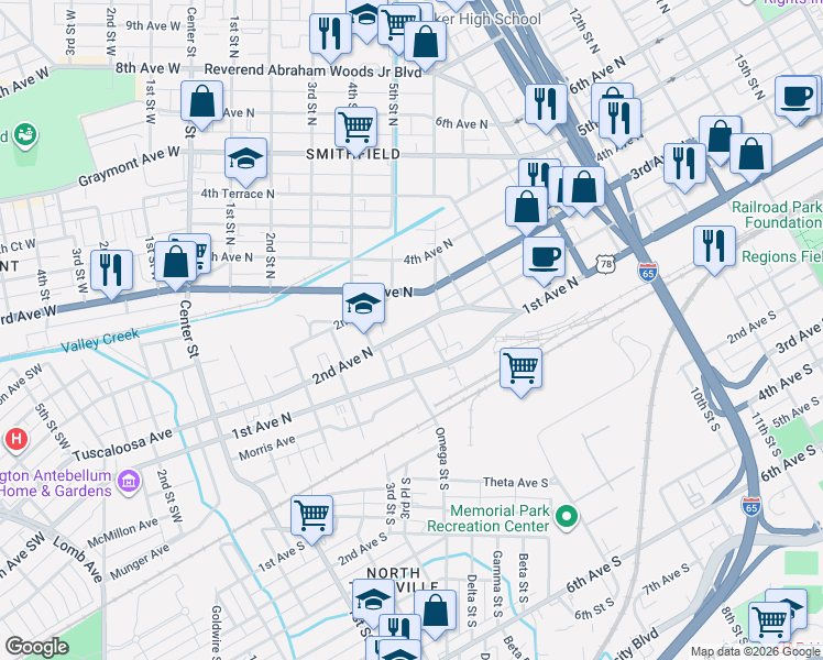 map of restaurants, bars, coffee shops, grocery stores, and more near 432 2nd Avenue North in Birmingham