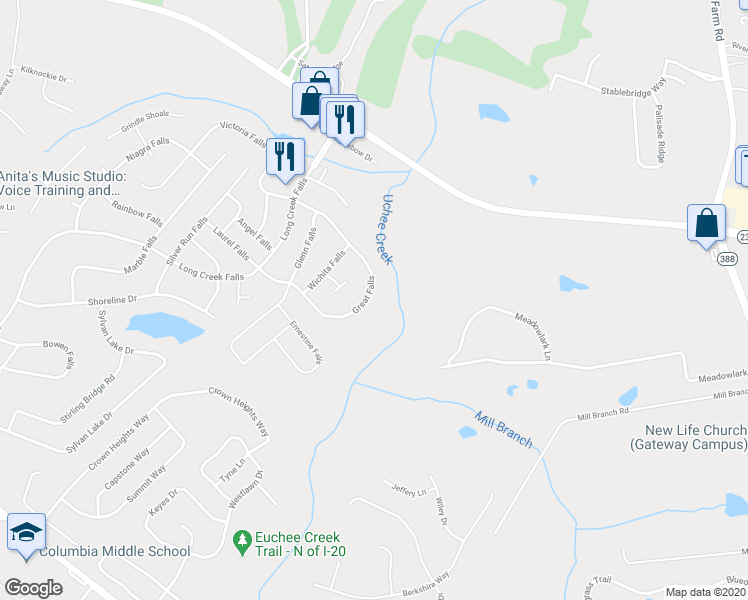 map of restaurants, bars, coffee shops, grocery stores, and more near 551 Great Falls in Grovetown