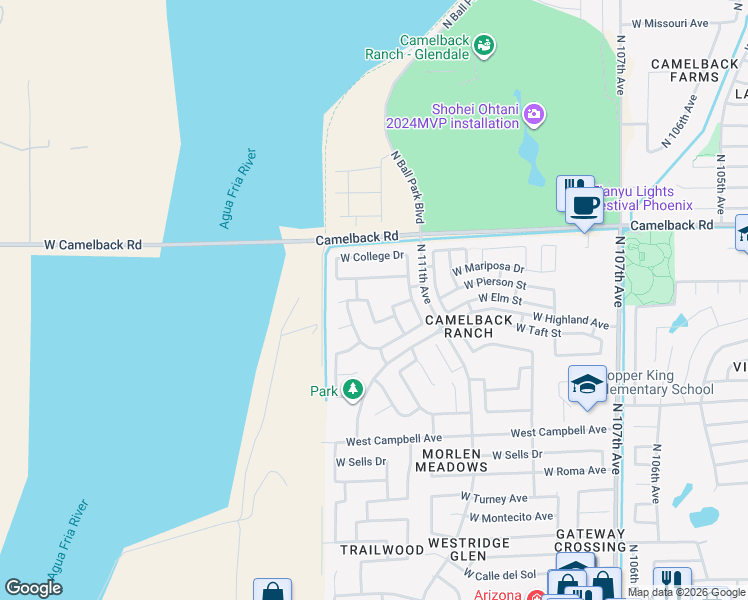 map of restaurants, bars, coffee shops, grocery stores, and more near 4831 North 112th Drive in Phoenix
