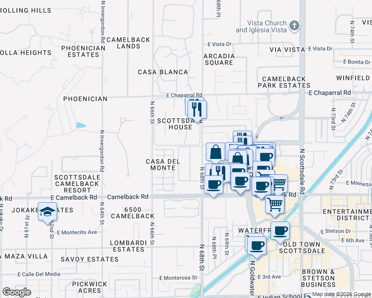 map of restaurants, bars, coffee shops, grocery stores, and more near 4630 North 68th Street in Scottsdale