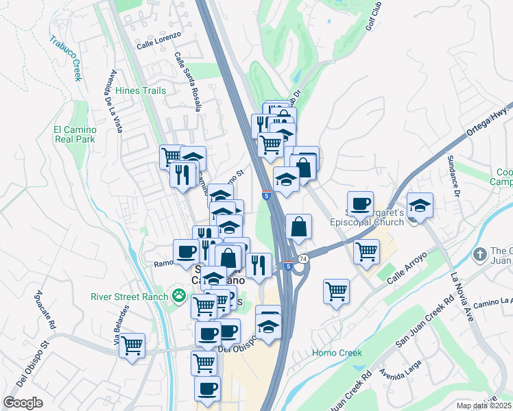 map of restaurants, bars, coffee shops, grocery stores, and more near 31472 La Calera Street in San Juan Capistrano