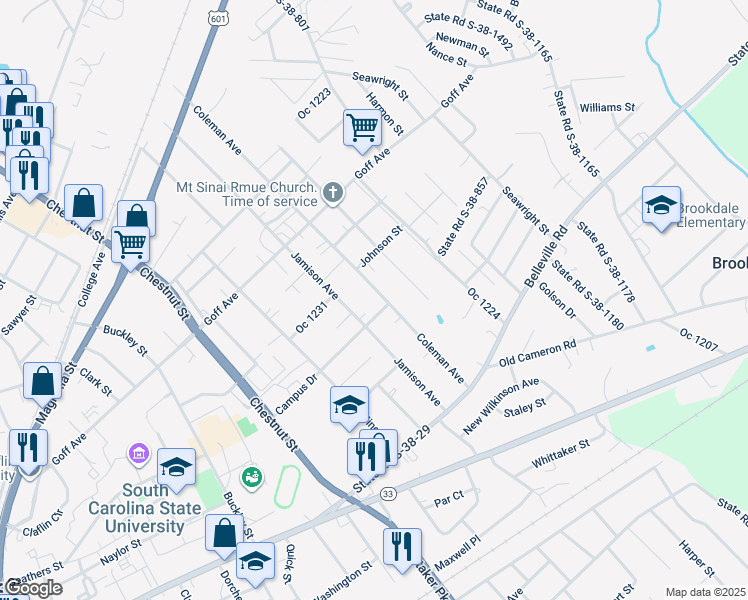 map of restaurants, bars, coffee shops, grocery stores, and more near 425 Coleman Avenue in Orangeburg