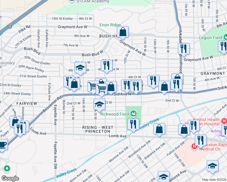 map of restaurants, bars, coffee shops, grocery stores, and more near 1312 3rd Avenue West in Birmingham