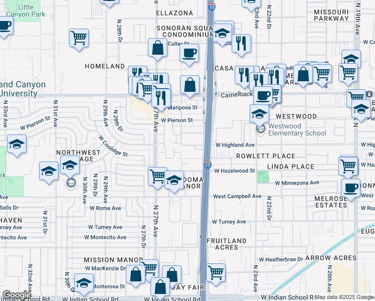 map of restaurants, bars, coffee shops, grocery stores, and more near 2535 West Highland Avenue in Phoenix