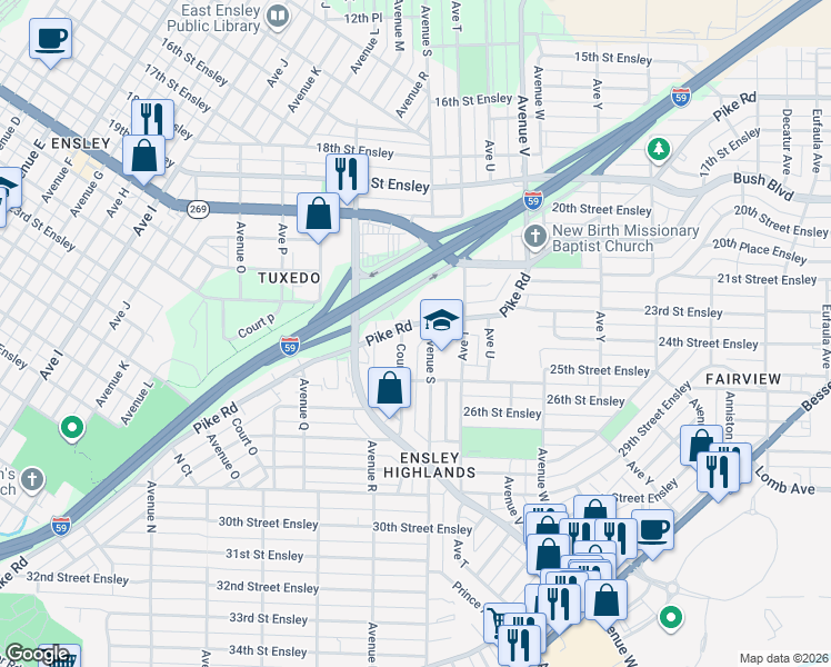 map of restaurants, bars, coffee shops, grocery stores, and more near 1857 Pike Road in Birmingham