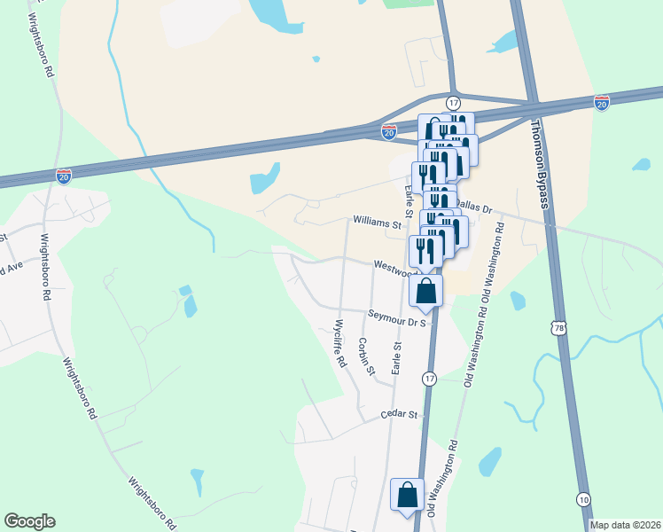 map of restaurants, bars, coffee shops, grocery stores, and more near 234 Westwood Drive in Thomson