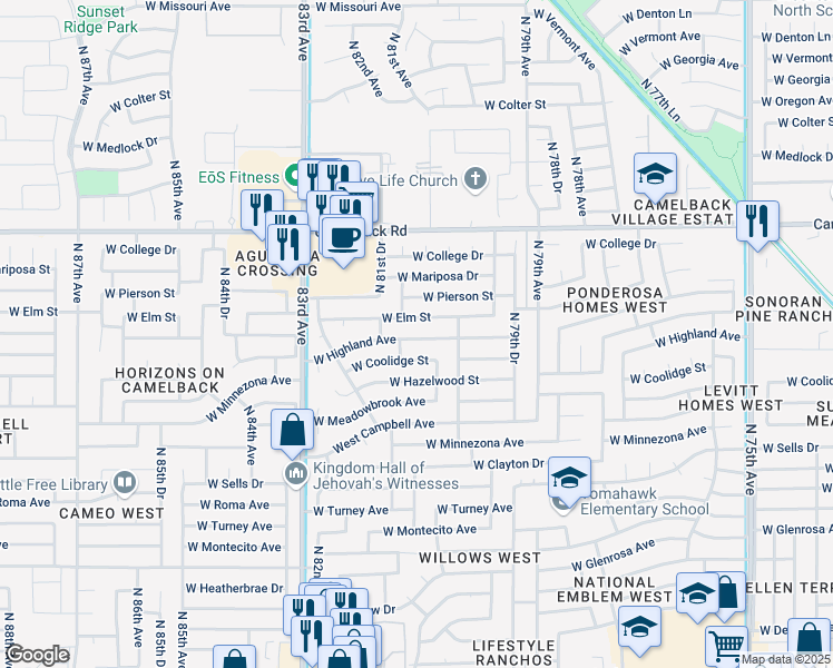 map of restaurants, bars, coffee shops, grocery stores, and more near 8032 West Highland Avenue in Phoenix