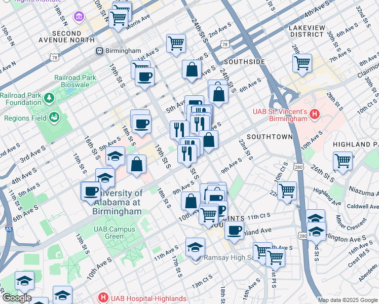 map of restaurants, bars, coffee shops, grocery stores, and more near 719 20th Street South in Birmingham