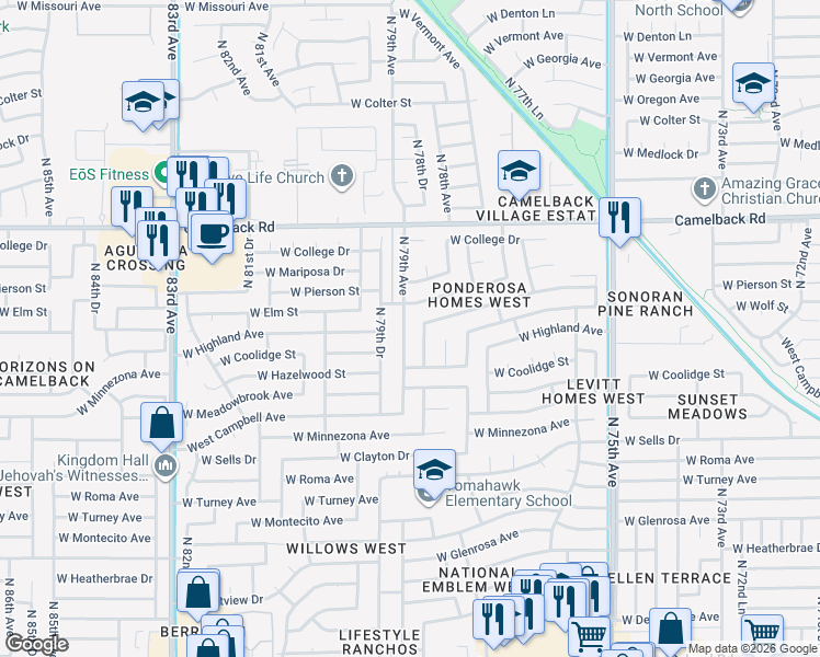 map of restaurants, bars, coffee shops, grocery stores, and more near 4649 N 79th Ave in Phoenix