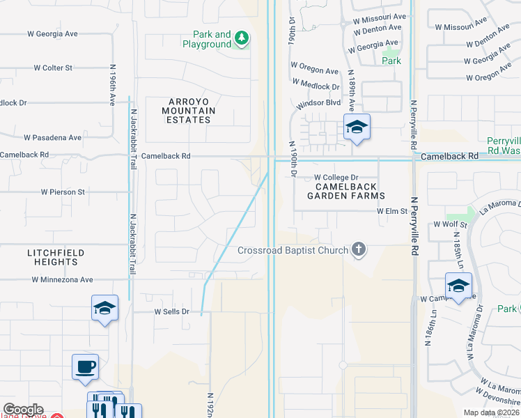 map of restaurants, bars, coffee shops, grocery stores, and more near 4823 North 191st Drive in Litchfield Park