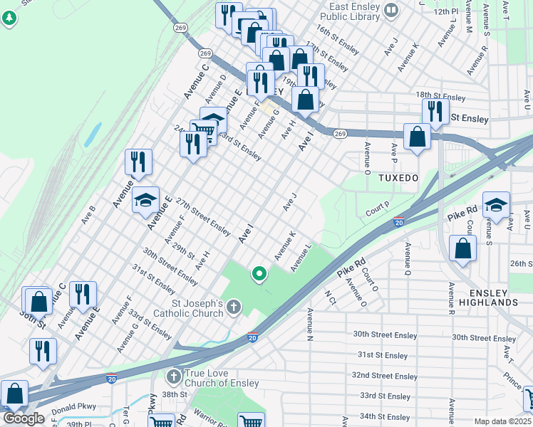 map of restaurants, bars, coffee shops, grocery stores, and more near 2501 Ave I in Birmingham