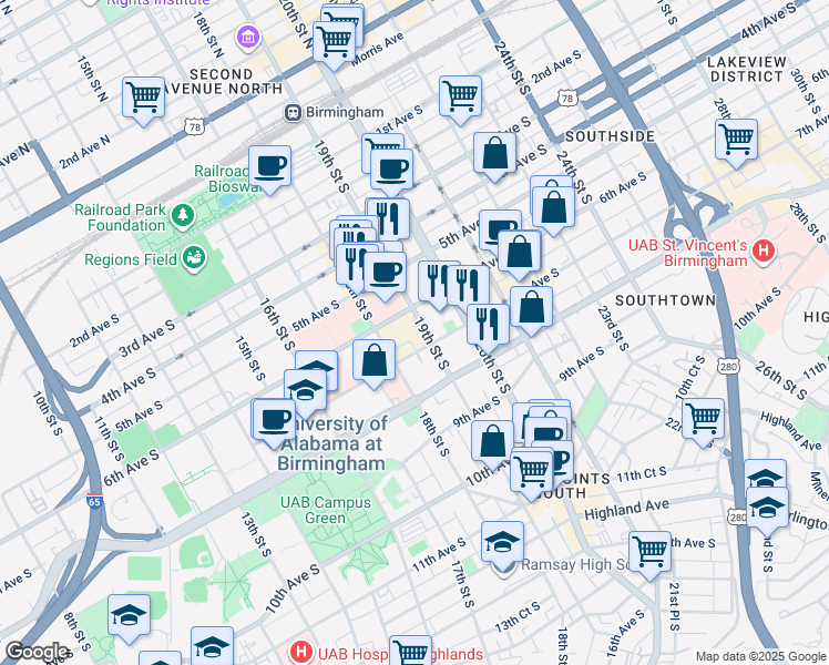 map of restaurants, bars, coffee shops, grocery stores, and more near 620 19th Street South in Birmingham