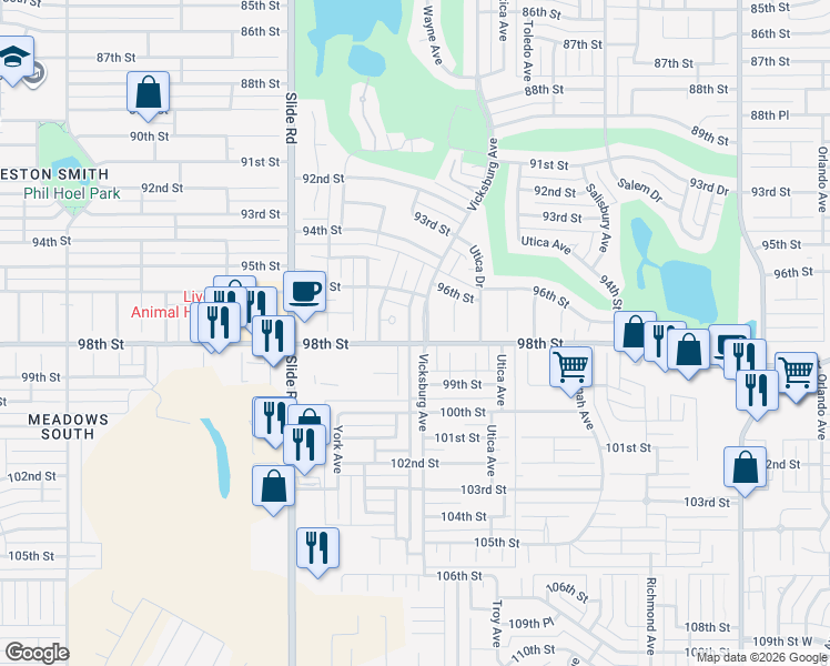 map of restaurants, bars, coffee shops, grocery stores, and more near 9622 Vicksburg Avenue in Lubbock