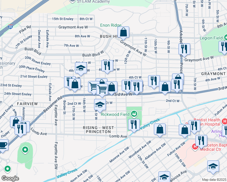 map of restaurants, bars, coffee shops, grocery stores, and more near 1312 3rd Avenue West in Birmingham
