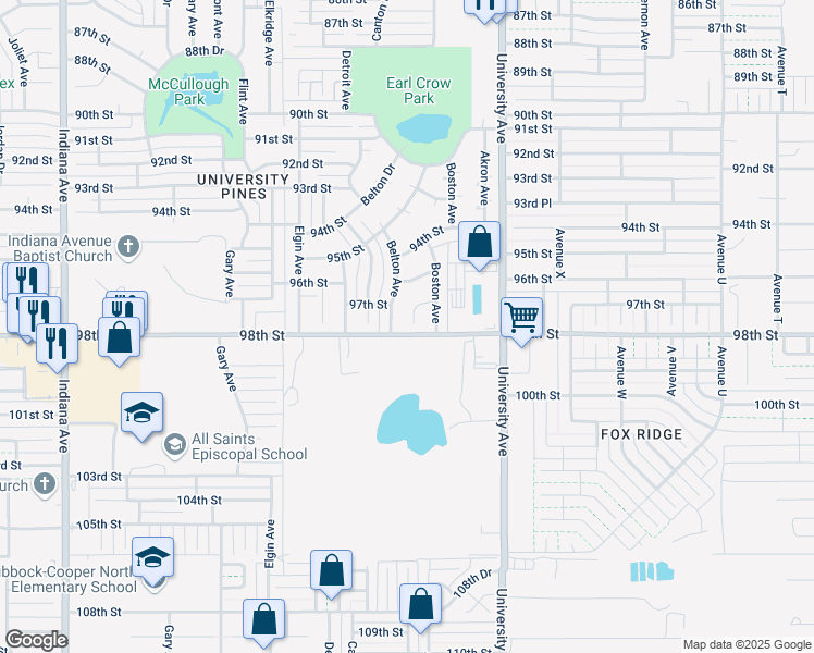 map of restaurants, bars, coffee shops, grocery stores, and more near 9718 Blandon Avenue in Lubbock
