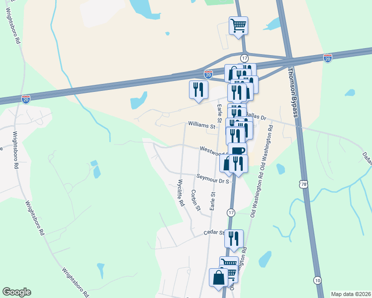 map of restaurants, bars, coffee shops, grocery stores, and more near 234 Westwood Drive in Thomson