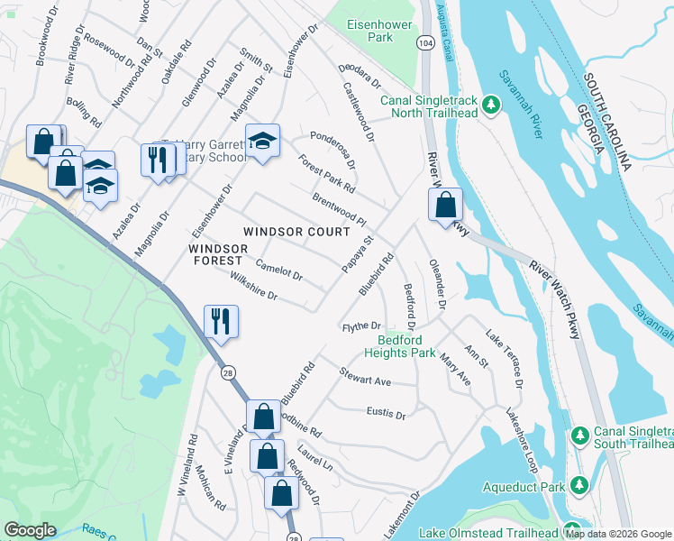 map of restaurants, bars, coffee shops, grocery stores, and more near 918 Papaya Street in Augusta