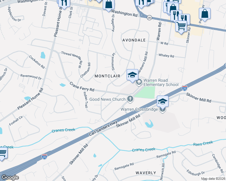 map of restaurants, bars, coffee shops, grocery stores, and more near 3147 Crane Ferry Road in Augusta