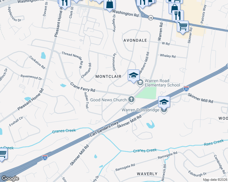 map of restaurants, bars, coffee shops, grocery stores, and more near 3147 Crane Ferry Road in Augusta