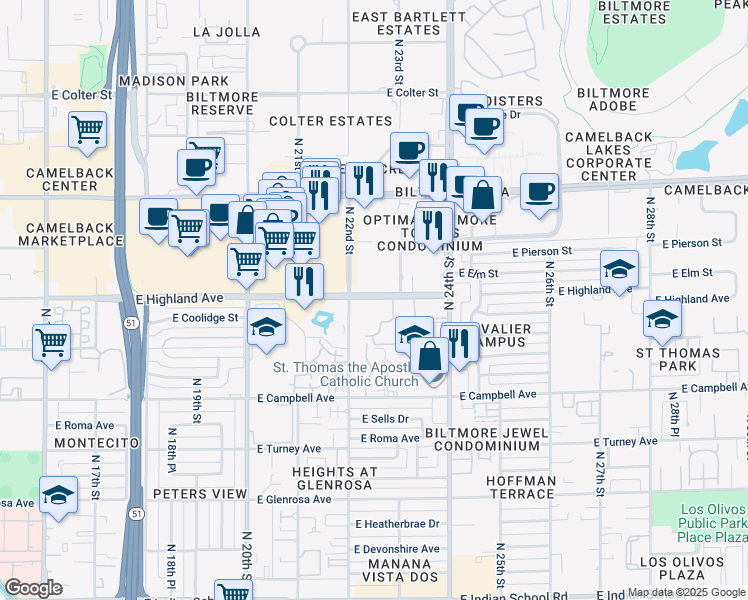 map of restaurants, bars, coffee shops, grocery stores, and more near 2233 East Highland Avenue in Phoenix
