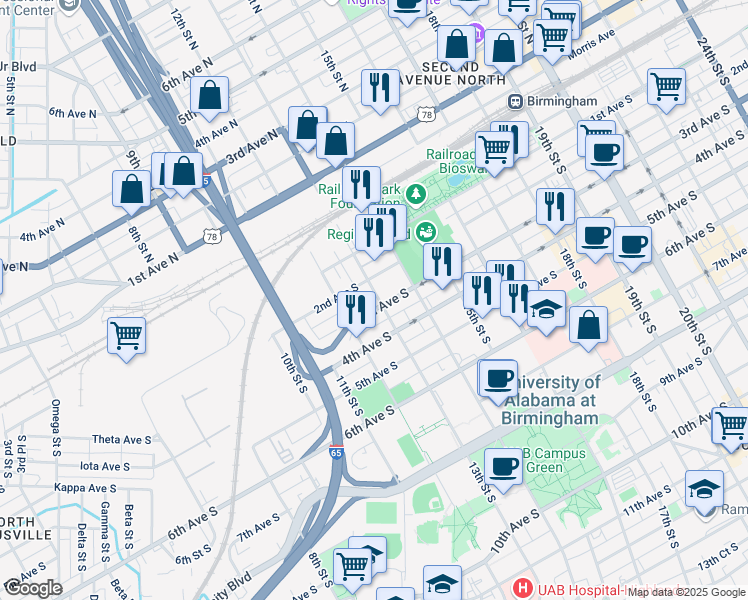 map of restaurants, bars, coffee shops, grocery stores, and more near 1234 3rd Avenue South in Birmingham