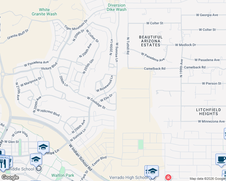 map of restaurants, bars, coffee shops, grocery stores, and more near 20346 West Elm Drive in Buckeye
