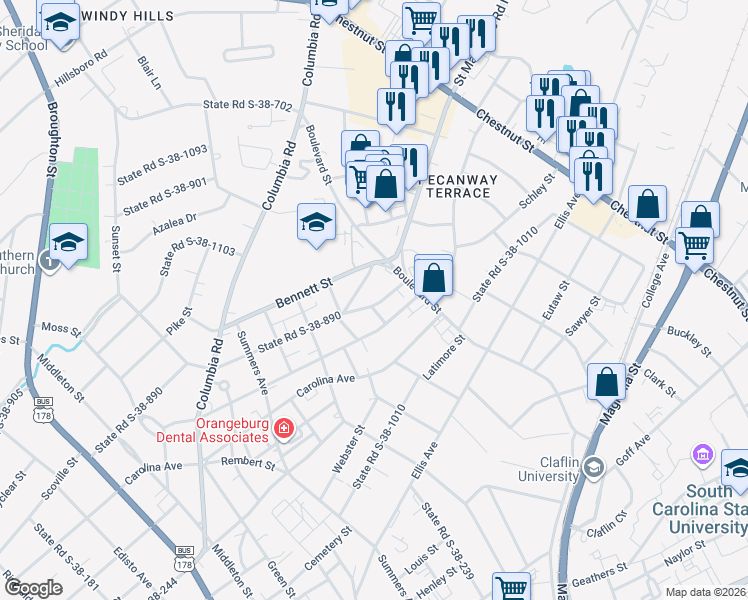 map of restaurants, bars, coffee shops, grocery stores, and more near 921 State Road S-38-890 in Orangeburg