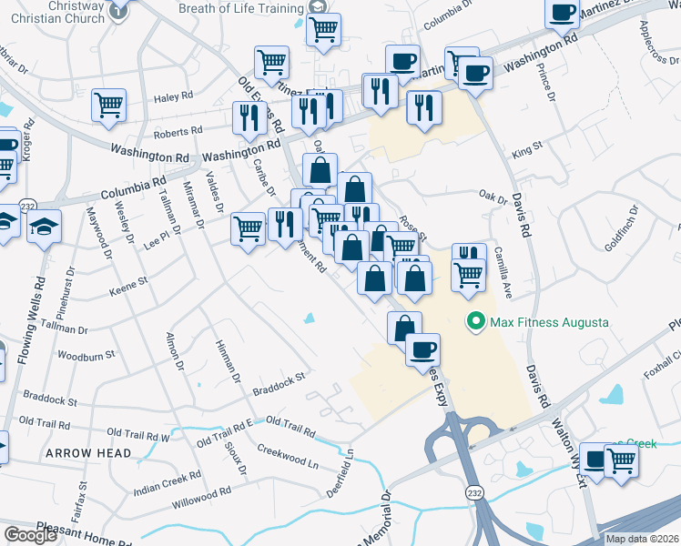map of restaurants, bars, coffee shops, grocery stores, and more near 231 Bobby Jones Expressway in Martinez