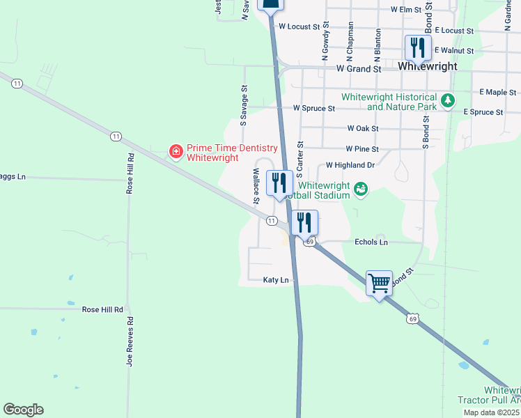 map of restaurants, bars, coffee shops, grocery stores, and more near 109 Alma Lane in Whitewright