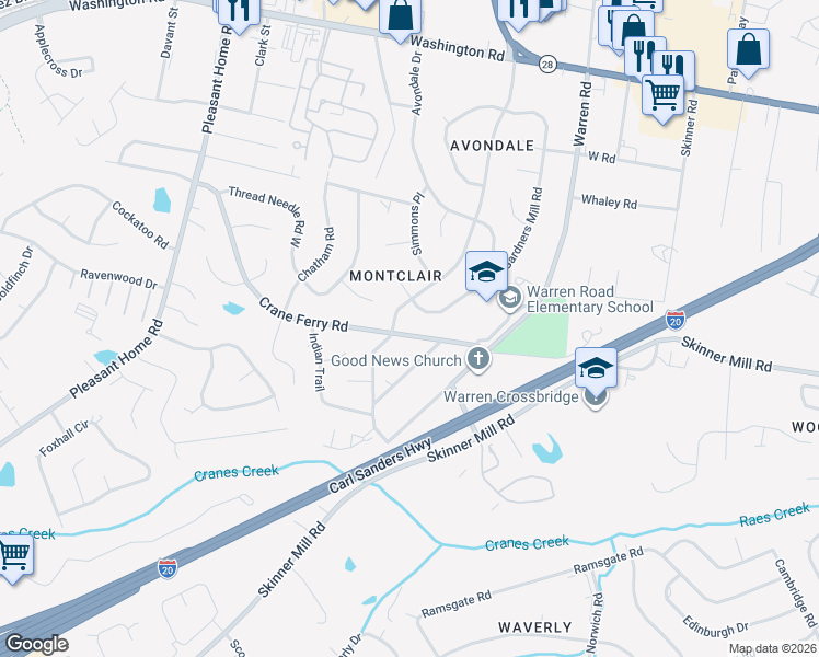 map of restaurants, bars, coffee shops, grocery stores, and more near 3147 Crane Ferry Road in Augusta